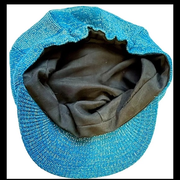 Women’s Shimmery Knit Winter Newsboy Cap Hat Blue Silver Lined Elastic Back - Picture 8 of 8